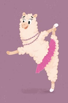 a cartoon llama dancing with a pink skirt and pearls around its neck, on a purple background