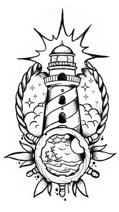 a black and white drawing of a lighthouse