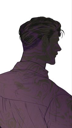 the silhouette of a man with his hair pulled back and wearing a purple shirt, standing in front of a white background