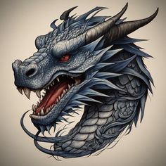 a drawing of a blue dragon with red eyes and sharp fangs on it's head