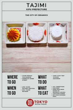 an advertisement for the tokyo food and drink festival, featuring three small plates with different types of food on them