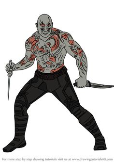 a drawing of a man with tattoos holding a knife and wearing black pants, standing in front of a white background