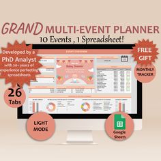 a computer screen with the text grand multi - event planner 10 events, 1 spreadsheet