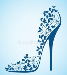 a high heeled shoe decorated with flowers and butterflies stock photo, a picture of a high