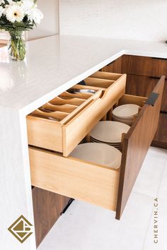 A Spacious Kitchen with Organized Drawers Organized Drawers, Peninsula Kitchen, Kitchen Peninsula, Cutlery Drawer, Hidden Drawer, Bright Kitchen, Spacious Kitchen, Fresh Kitchen, Inside Cabinets