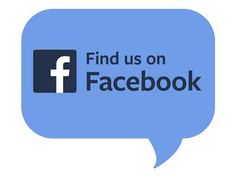 the facebook logo is shown with an empty speech bubble above it that says find us on facebook