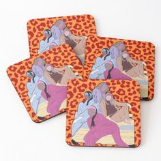 four coasters with an image of a woman in pink sitting on a leopard print background