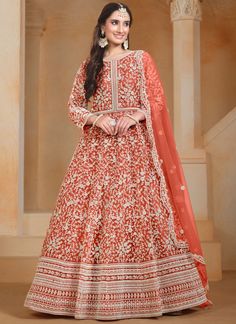 Women beauty is magnified tenfold in such a alluring salmon net floor length gown. The embroidered work appears to be like chic and aspiration for any occasion. 
For Inquriy call or whatsapp  https://wa.me/919510348773
Shop now at www.sareesaga.com
WORLDWIDE FREE SHIPPING on Min. purchase Orange Dupatta, Pink Anarkali Suits, Net Anarkali, Velvet Suit Design, Suit Model, Lehenga Bridesmaid, Diwali Dresses, Pink Anarkali, Bridesmaid Saree