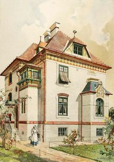 a drawing of a house with two people standing outside