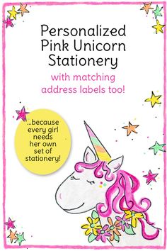 a pink unicorn stationery with matching address labels to help children learn how to write