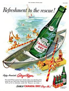 an advertisement for canada dry beer with people swimming in the water and on rafts