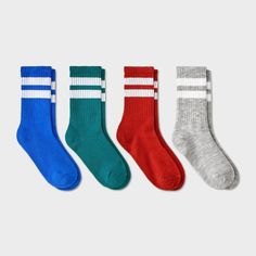 This Boys' 4pk Striped Crew Socks - Cat & Jack™ makes a cozy addition to your kid’s everyday wardrobe. Crafted from a soft knit fabric with spandex for stretchy comfort, these ankle socks are easy on the feet for prolonged wear. The pack includes four pairs in solid multi color neutrals giving you plenty of options for pairing with their everyday outfits. Cat & Jack™: Designed for all children so you can trust it's made for yours. Casual Winter Socks For School, Cotton Socks For Winter Playtime, Casual Cotton Socks For Playtime, Sporty Multicolor Socks For Winter, Sporty Multicolor Winter Socks, Multicolor Casual School Socks, Casual Multicolor School Socks, Space Socks, Cat Socks