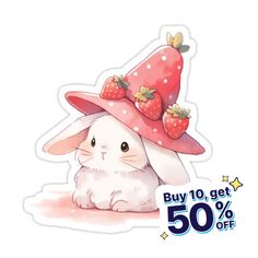 a sticker with an image of a bunny wearing a hat and strawberries on it