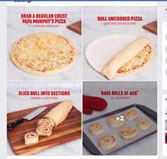 four pictures showing how to make pizzas and roll them in the shape of burritos