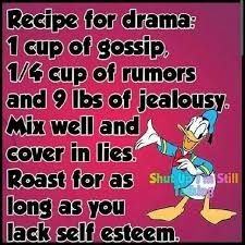 a cartoon character with the words recipe for drama 1 cup of gossip, 4 cup of rum