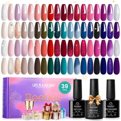 PRICES MAY VARY. 【What You Get】: 36 x Mini Gel Polish Colors (0.17oz/5ml each bottle) + 3 x No Wipe Base and Glossy and Matte Top Coat (0.25oz/7.5ml each bottle). 36 beautiful shades of popular and trendy colors suitable for all seasons and daily routine life! This natural color palette fall gel nail polish set is essential for everyone! 【Make Fun with Nail Art】: With good tenacity and highly pigmented, Beetles premium gel material brings you a brilliant shine finish, a smooth appearance, and fl Nails Acrylic January, Nail Kit Gift, Purple Gel Nails, Nails Valentines Day, Neon Nail Polish, New Years Nails, Glitter Manicure, Nail Polish Kit, Matte Top Coat