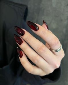 Red Dark Nails Inspiration, Red Nails And Rhinestones, Medium Almond Shaped Nails, Y2k Dark Red Nails, Emo Wedding Nails, Dark Christmas Nails Almond, Nail Art Designs Gothic, Dark Nail Ideas Acrylic, Devils Night Inspired Nails