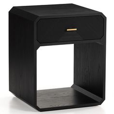 an end table with a drawer on one side and a shelf on the other hand