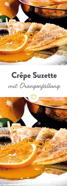 some orange slices are on a plate and one is cut in half to show the crepe suzette