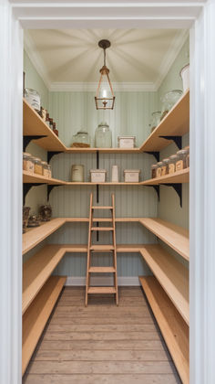 an open pantry with wooden shelves and ladders