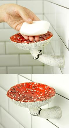 two pictures of a hand holding an object in it's left hand and another image of a mushroom on the right