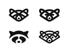 four black and white animal heads with different designs on the faces, including a raccoon