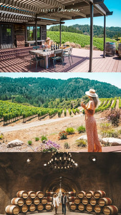 two pictures with people standing in front of wine barrels and an image of a winery