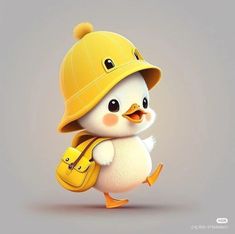 a cartoon penguin wearing a yellow hat and carrying a bag