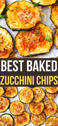 baked zucchini chips on a baking sheet with the words baked zucchini chips