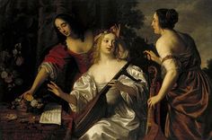 three women with musical instruments in an old - fashioned painting, one holding a violin