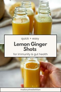 lemon ginger shots in mason jars with text overlay reading quick and easy lemon ginger shots for immunity & gut health