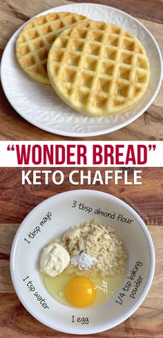 two plates with waffles and eggs on them that are labeled wonder bread keto chaffle