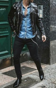 Rocker Style Men, Black Jacket Outfit, Rocker Fashion, Best Casual Shirts, Leather Jacket Outfit Men, Rockstar Style, Black Outerwear, Leather Jacket Men Style, Rocker Look