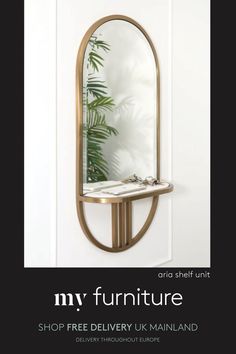 a mirror that is on the wall above a shelf with a plant in it and an advertisement for my furniture