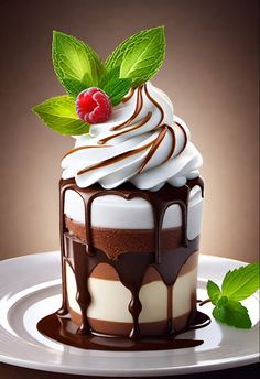 a chocolate dessert with whipped cream, cherries and mint leaves on a white plate