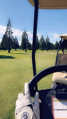 a golf cart driving down a grass covered field with trees in the backgroud