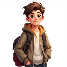 a cartoon boy with a backpack and jacket