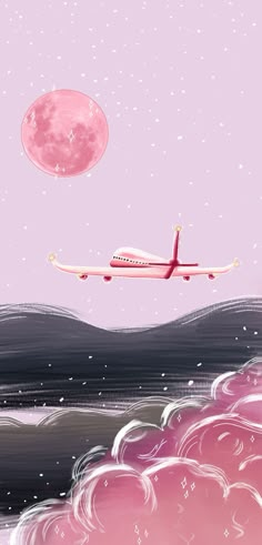 an airplane is flying over the ocean under a pink sky with clouds and a full moon