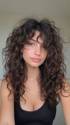 Long Haircuts With Bangs Curly, Type 2b Curly Hair Haircuts, Wavy Hair Perm Women, Mid Length Hair For Curly Hair, Modern Shag Haircut Curly Hair, Shaggy Perm Long Hair, 2b Curly Hair Bangs, Long Naturally Curly Haircuts, Bangs On Wavy Hair Curls