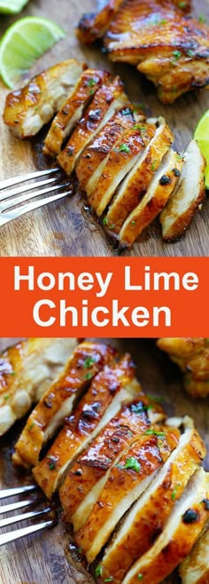 grilled honey lime chicken on a wooden cutting board with fork and lime wedges