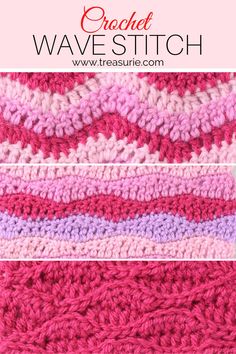 the crochet wave stitch pattern is shown in pink, purple and white colors