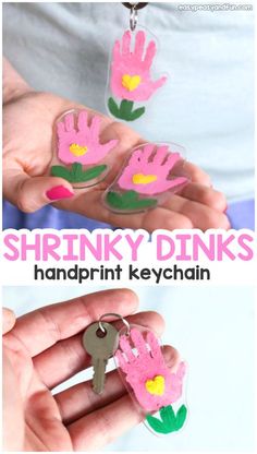 this is an image of handprint keychain with pink flowers on it and the words shrinky drinks