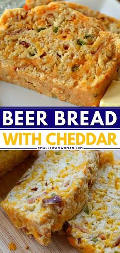 beer bread with cheddar cheese on top and in the background, there are two slices