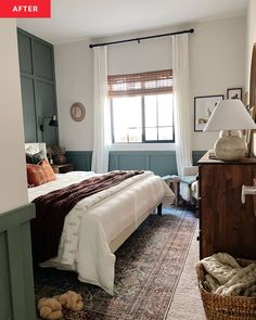 a bed room with a neatly made bed and a basket on the floor next to it