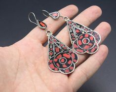 "I am offering You! Vintage Turkmen Afghan alpaka earrings. Beautiful with colorful enamel workmanship. Please do not hesitate to contact if you have any questions about items or further informations, Measures : 8.5cm ( 3.3\" ) x 3cm ( 1.2\" ) Weight : 16.3 Grams, Shipping & Estimated Delivery Time With Turkish Registered Post, Destination CountryStandard Shipping (business days) United States 15-20 Europe7-15 Asia15-25 Australia15-20 Brazil & South America" Artisan Red Teardrop Earrings, Red Enamel Round Earrings, Red Round Enamel Earrings, Artistic Red Enamel Jewelry, Teardrop Inlay Earrings As Gift, Teardrop Inlay Earrings For Gift, Unique Enamel Earrings For Pierced Ears, Unique Enamel Earrings For Gift, Unique Enamel Pierced Earrings