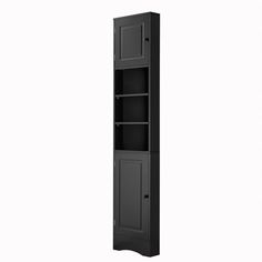 a tall black cabinet with two doors and shelves on the bottom shelf, against a white background