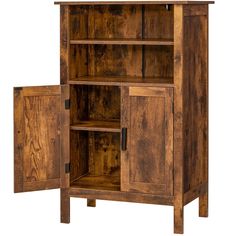 a wooden cabinet with two doors and shelves