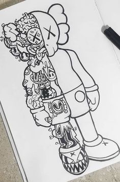 a drawing of a cartoon character holding a bouquet of flowers on top of a piece of paper