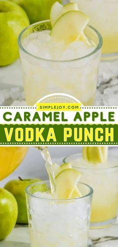 caramel apple vodka punch in glasses with apples and lemons