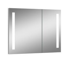 a bathroom medicine cabinet with two mirrors on the front and one light on the back